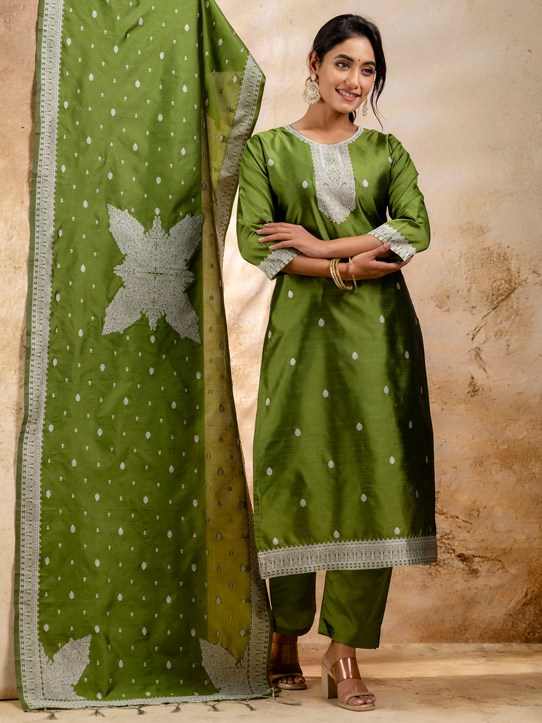 Women's Embroidered Cotton Blend Kurta Pant Sets with Dupatta - FitVibe Fashion