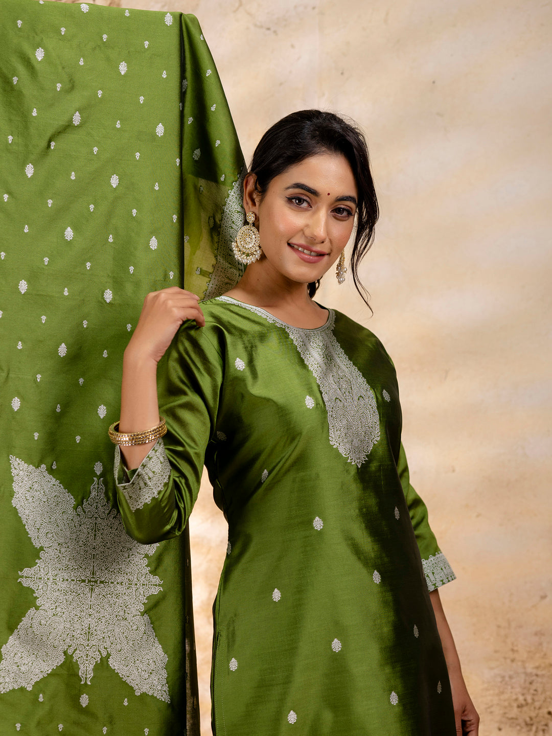 Women's Embroidered Cotton Blend Kurta Pant Sets with Dupatta - FitVibe Fashion