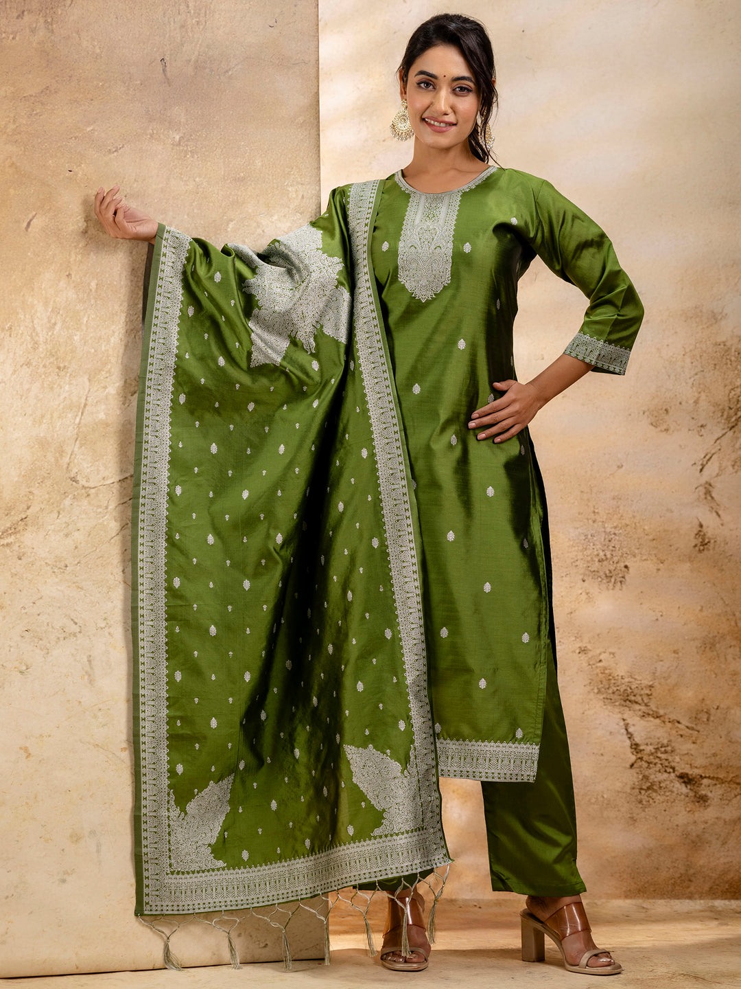 Women's Embroidered Cotton Blend Kurta Pant Sets with Dupatta - FitVibe Fashion