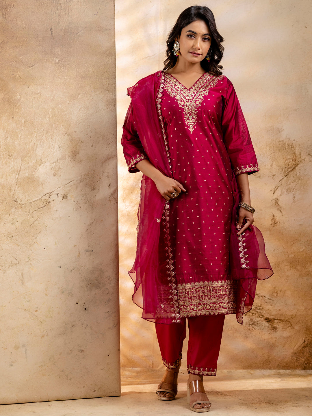 Women Kurta and Pant Sets Chanderi Silk Blend - FitVibe Fashion