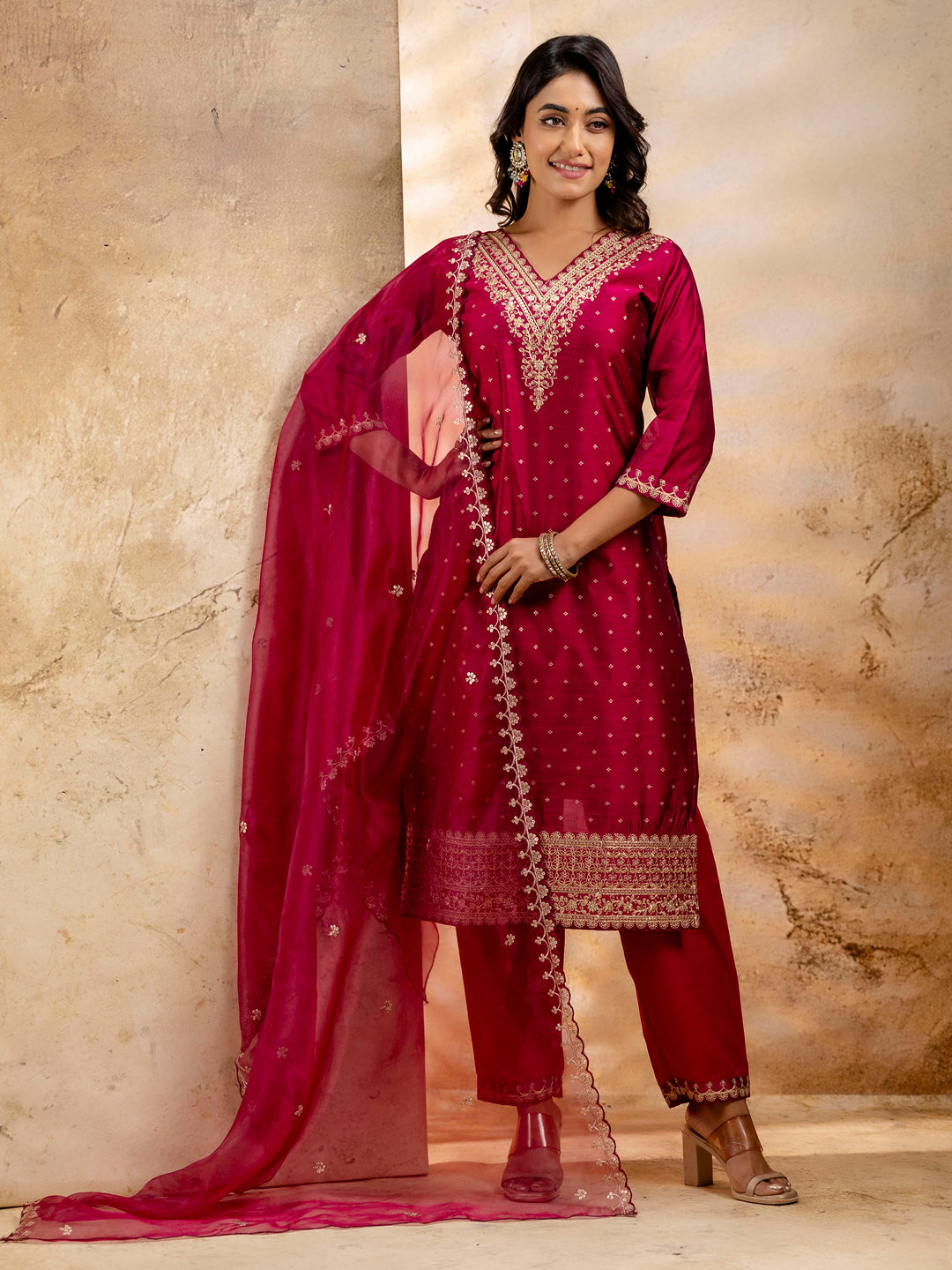 Women Kurta and Pant Sets Chanderi Silk Blend - FitVibe Fashion