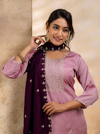 Women's Embroidered Silk Blend Kurta Pant Sets With Dupatta - FitVibe Fashion