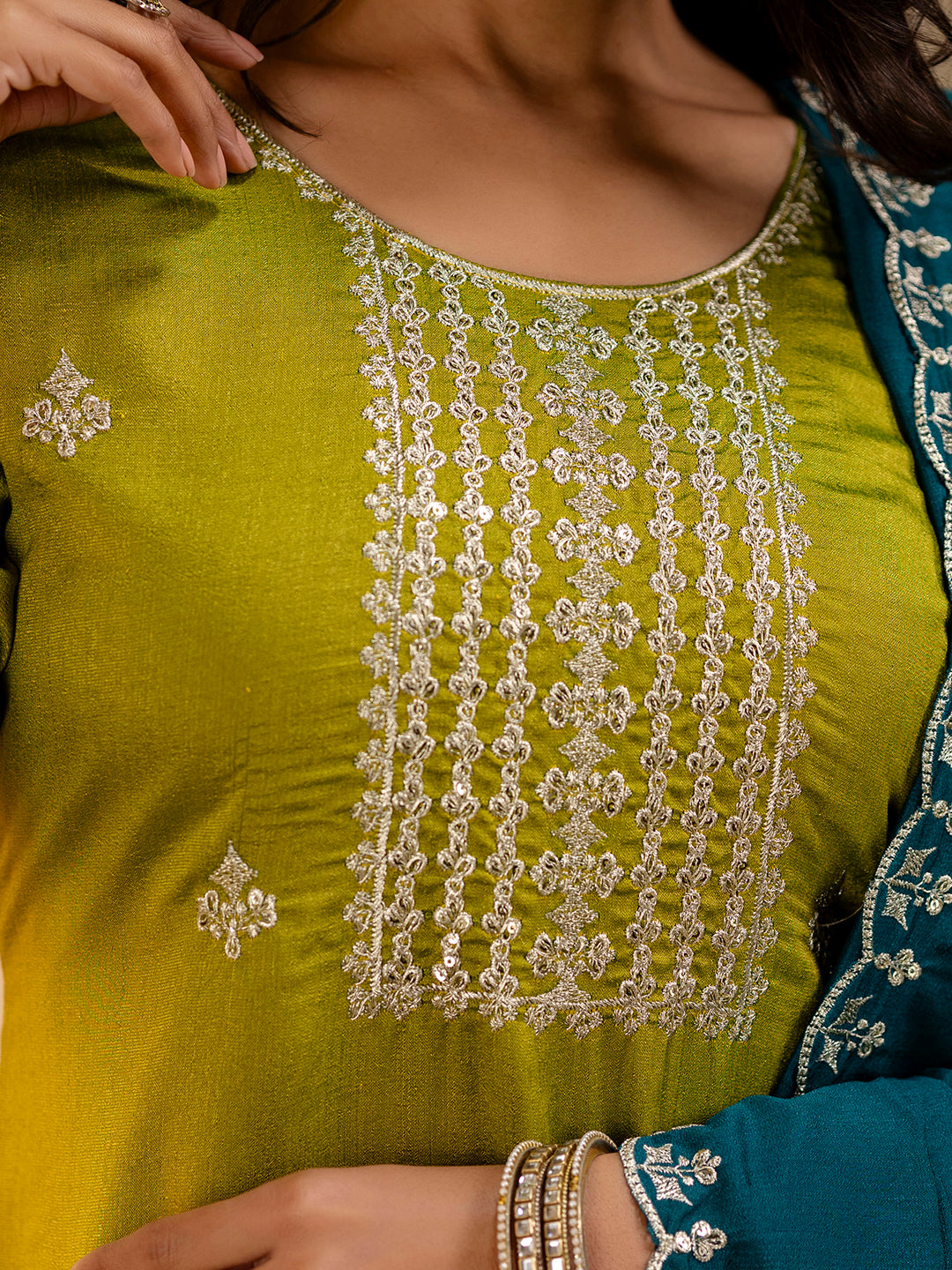 Women's Embroidered Silk Blend Kurta Pant Sets With Dupatta - FitVibe Fashion