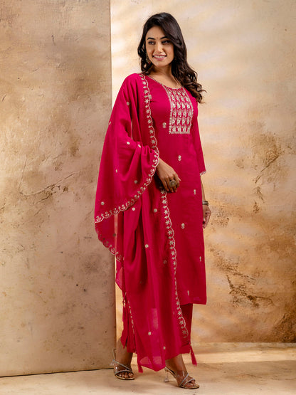 Women's Embroidered Silk Blend Kurta Pant Sets With Dupatta - FitVibe Fashion