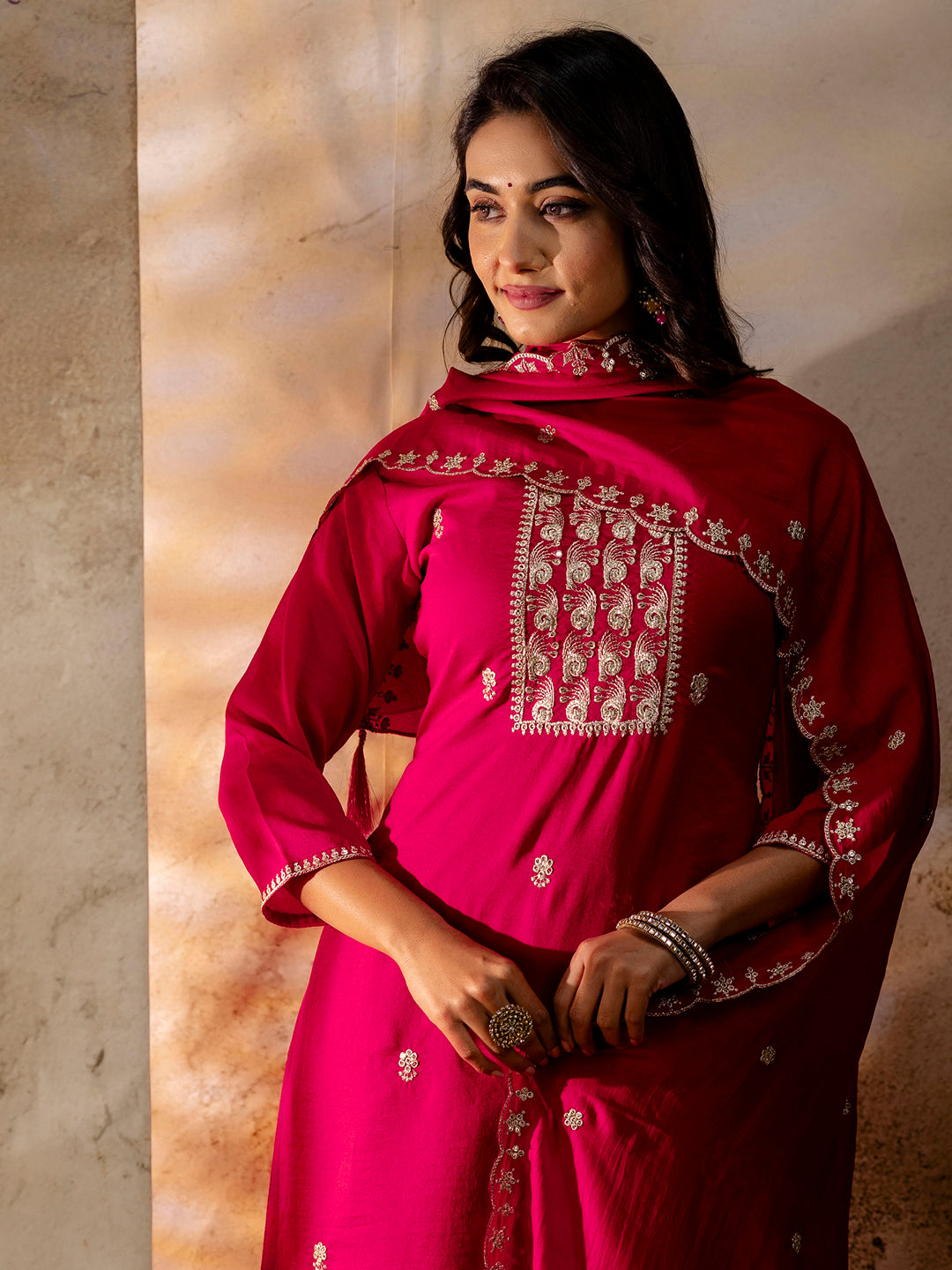 Women's Embroidered Silk Blend Kurta Pant Sets With Dupatta - FitVibe Fashion