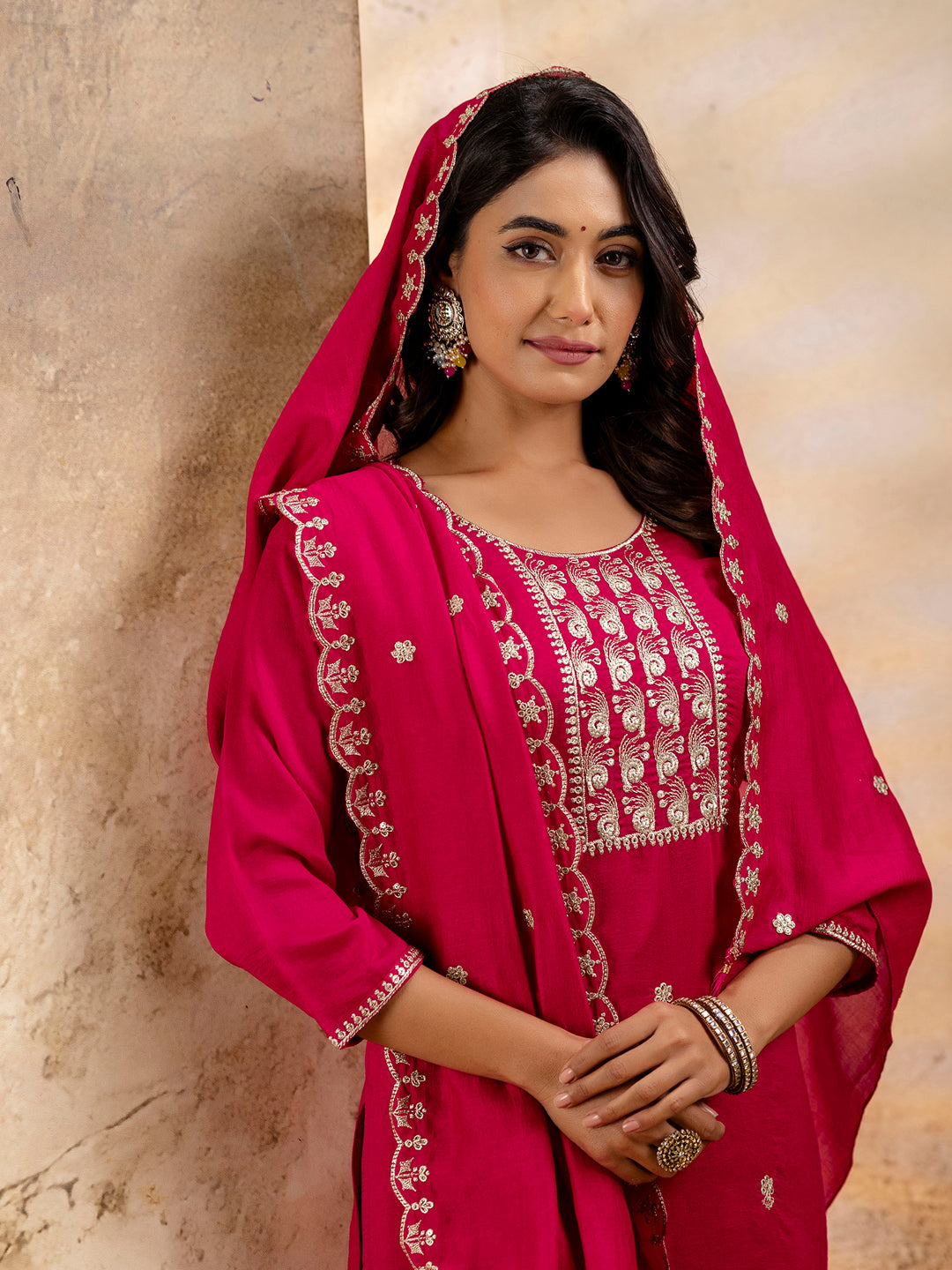 Women's Embroidered Silk Blend Kurta Pant Sets With Dupatta - FitVibe Fashion