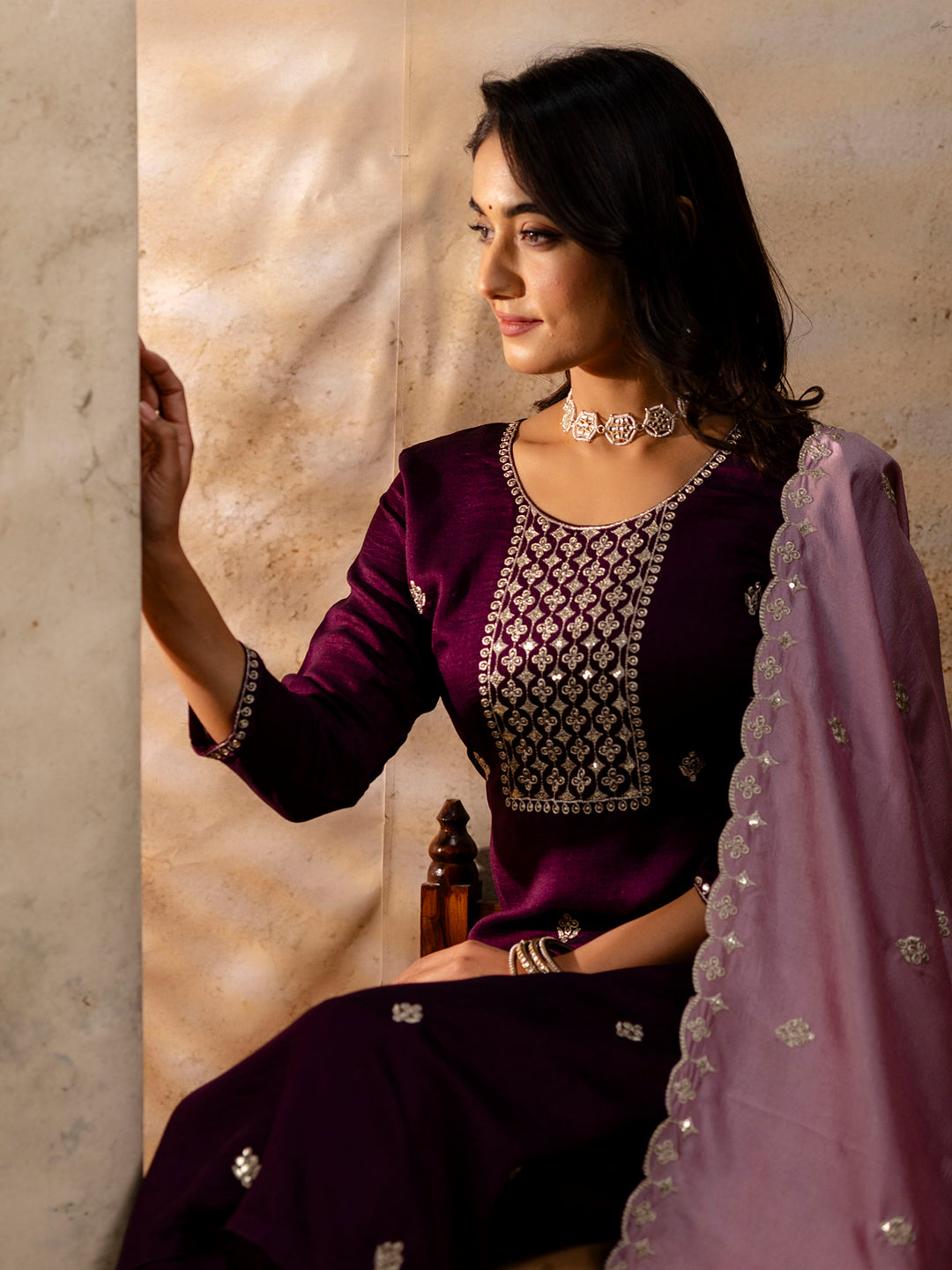 Women's Embroidered Silk Blend Kurta Pant Sets With Dupatta - FitVibe Fashion