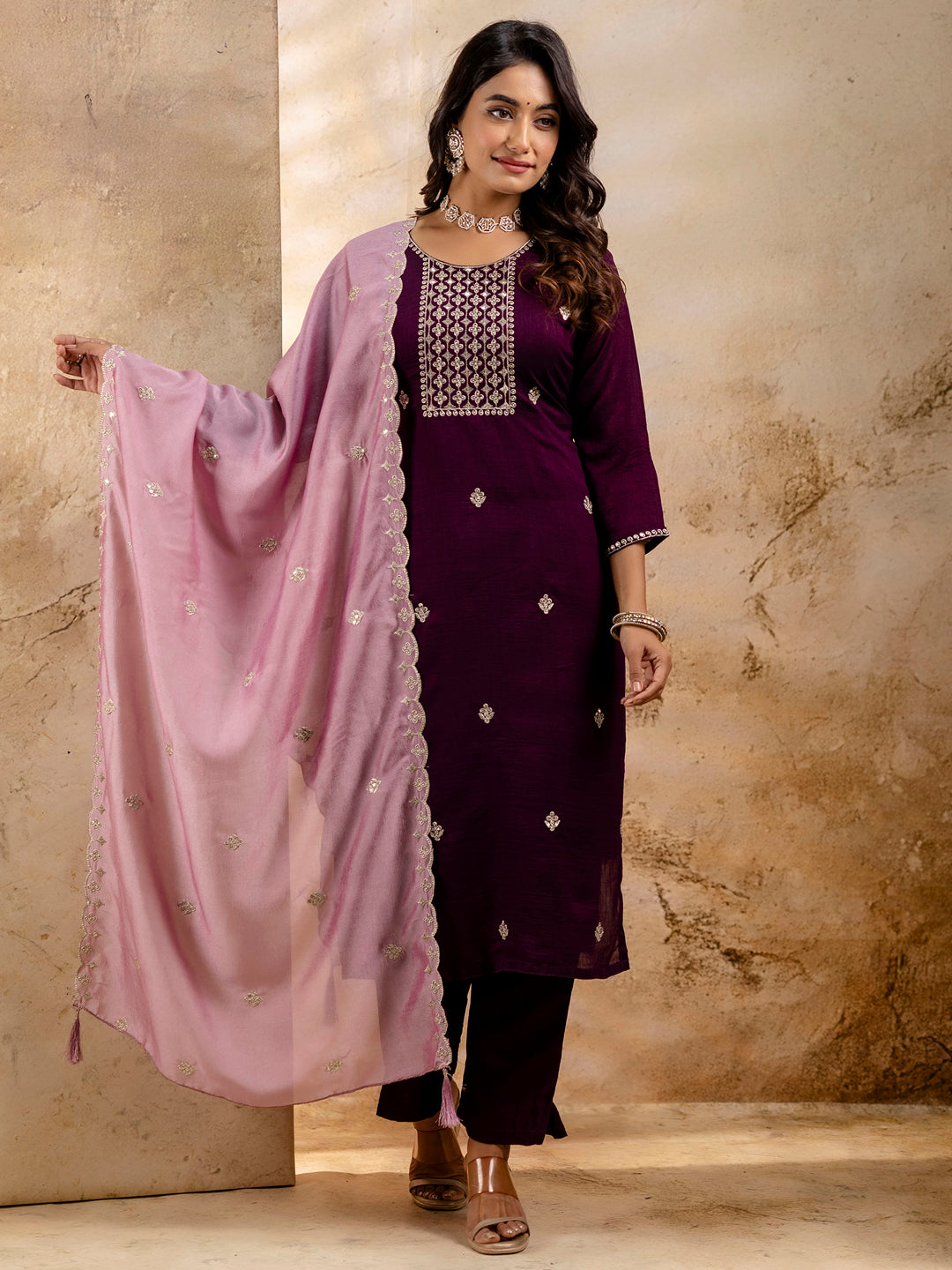 Women's Embroidered Silk Blend Kurta Pant Sets With Dupatta - FitVibe Fashion