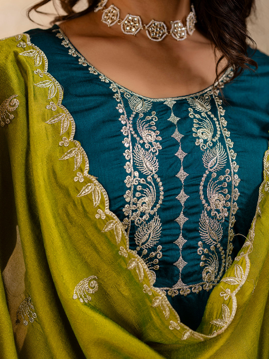 Women's Embroidered Silk Blend Kurta Pant Sets With Dupatta - FitVibe Fashion