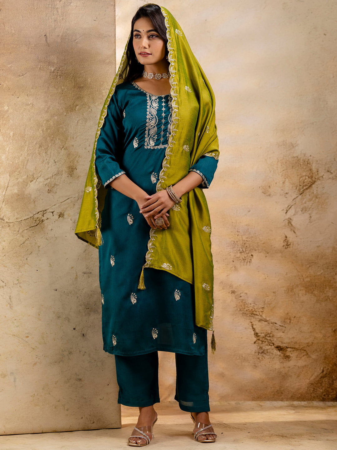 Women's Embroidered Silk Blend Kurta Pant Sets With Dupatta - FitVibe Fashion