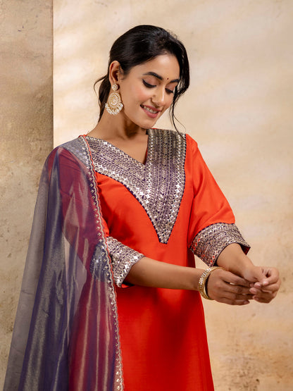 Women's Embroidered Viscose Rayon Calf Length Straight Kurta Trouser with Dupatta Set - FitVibe Fashion