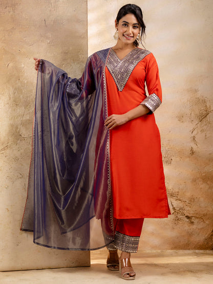 Women's Embroidered Viscose Rayon Calf Length Straight Kurta Trouser with Dupatta Set - FitVibe Fashion