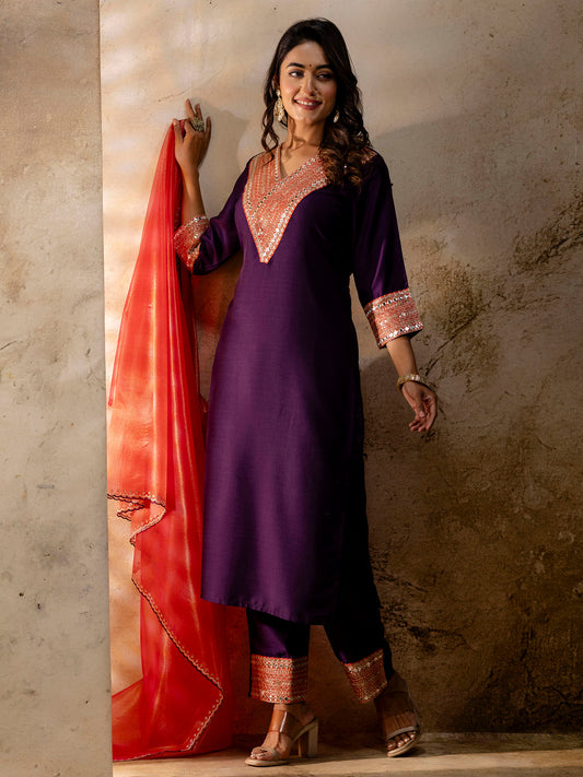 Women's Embroidered Viscose Rayon Calf Length Straight Kurta Trouser with Dupatta Set - FitVibe Fashion