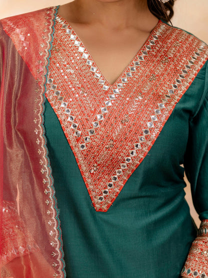 Women's Embroidered Viscose Rayon Calf Length Straight Kurta Trouser with Dupatta Set - FitVibe Fashion