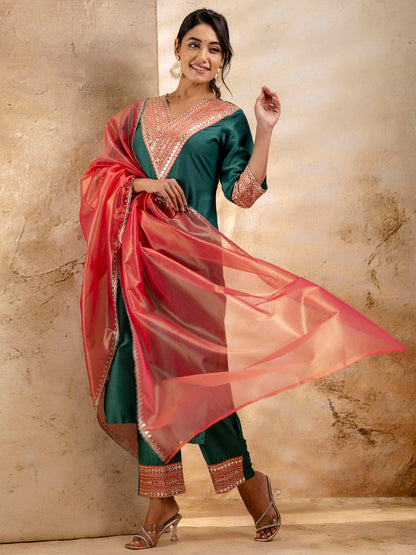 Women's Embroidered Viscose Rayon Calf Length Straight Kurta Trouser with Dupatta Set - FitVibe Fashion