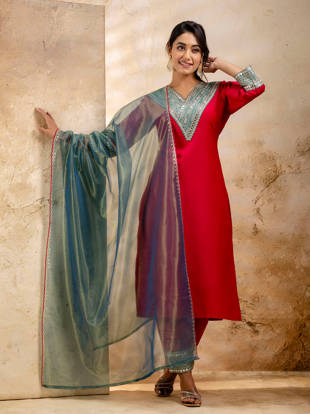 Women's Embroidered Viscose Rayon Calf Length Straight Kurta Trouser with Dupatta Set - FitVibe Fashion