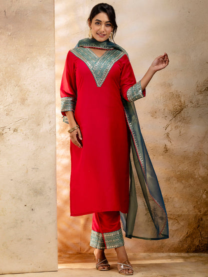 Women's Embroidered Viscose Rayon Calf Length Straight Kurta Trouser with Dupatta Set - FitVibe Fashion