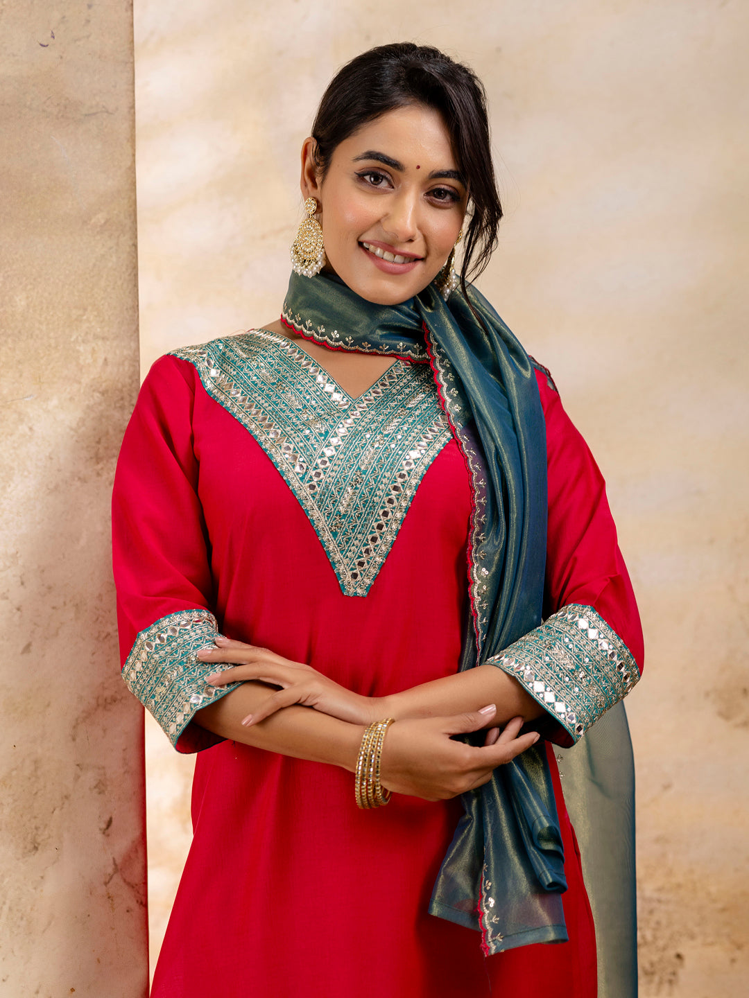 Women's Embroidered Viscose Rayon Calf Length Straight Kurta Trouser with Dupatta Set - FitVibe Fashion