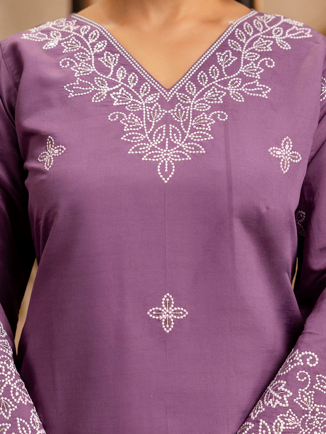 Women's Embroidered Silk Blend Calf Length Straight Kurta Trouser with Dupatta Set - FitVibe Fashion