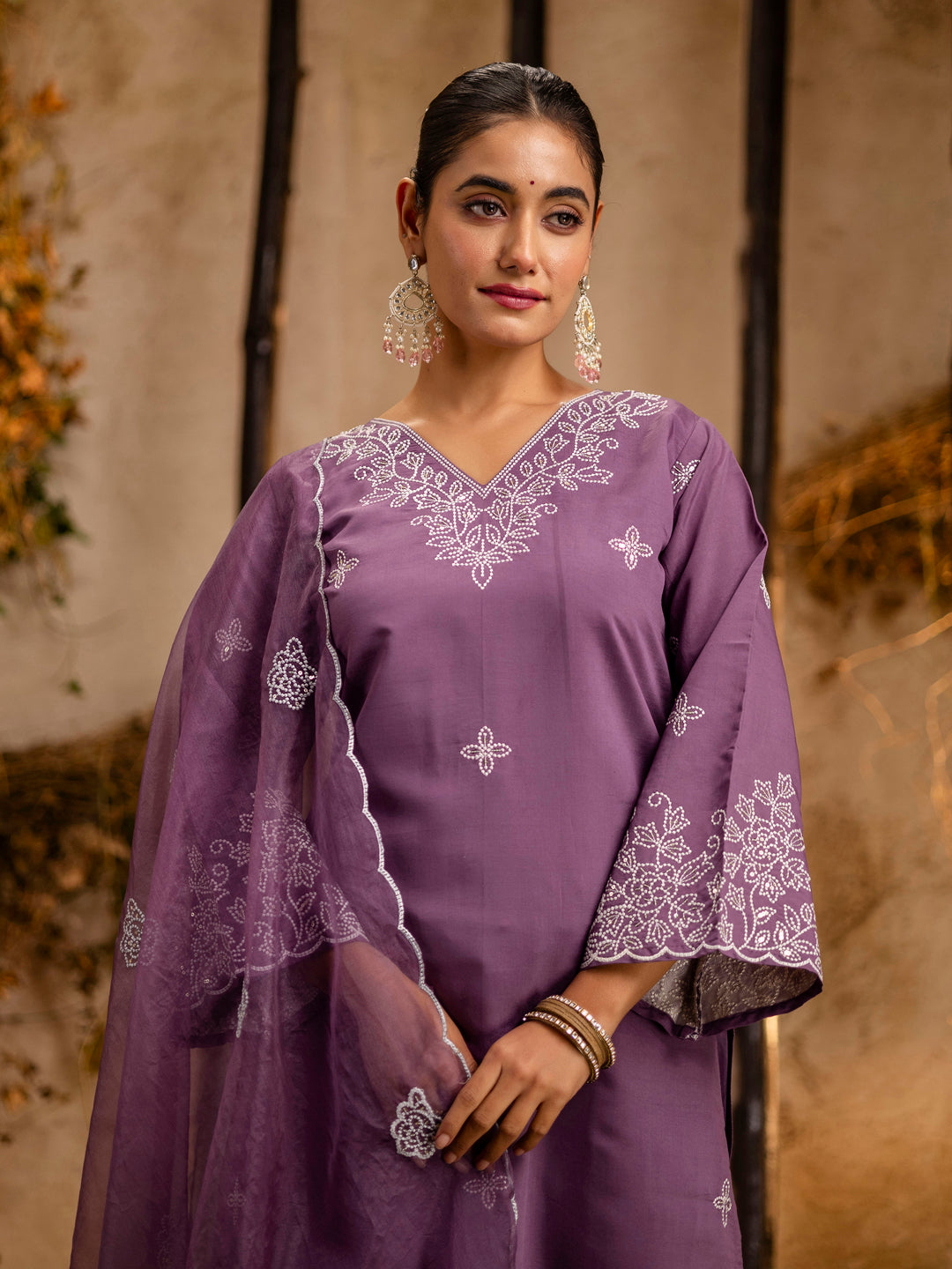 Women's Embroidered Silk Blend Calf Length Straight Kurta Trouser with Dupatta Set - FitVibe Fashion