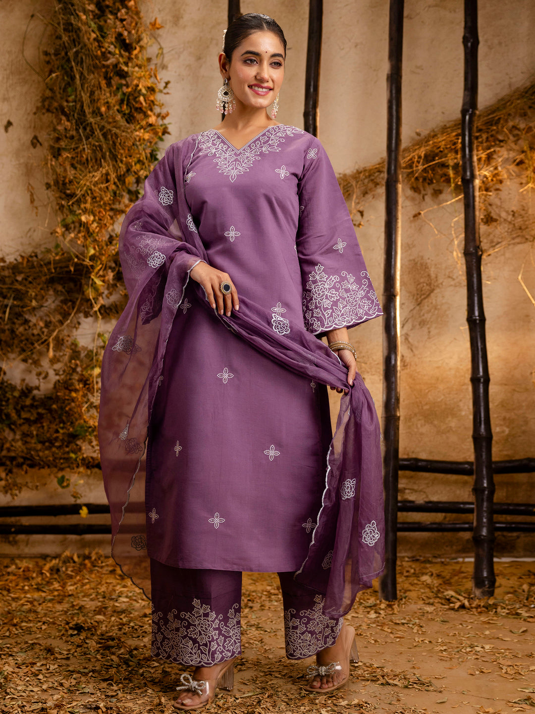 Women's Embroidered Silk Blend Calf Length Straight Kurta Trouser with Dupatta Set - FitVibe Fashion