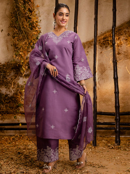 Women's Embroidered Silk Blend Calf Length Straight Kurta Trouser with Dupatta Set - FitVibe Fashion