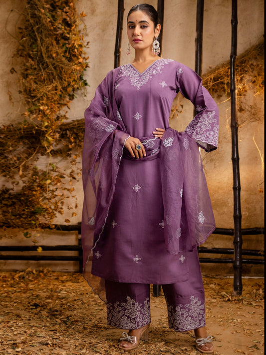 Women's Embroidered Silk Blend Calf Length Straight Kurta Trouser with Dupatta Set - FitVibe Fashion