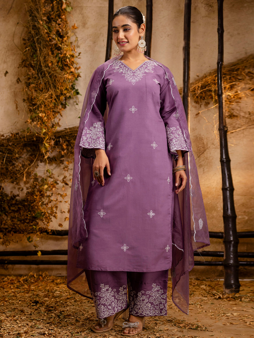 Women's Embroidered Silk Blend Calf Length Straight Kurta Trouser with Dupatta Set - FitVibe Fashion