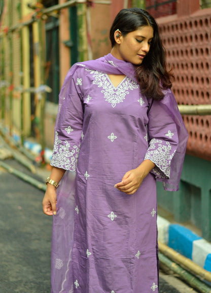 Zehra Women's Embroidered Silk Blend Calf Length Straight Kurta Trouser with Dupatta Set - FitVibe Fashion