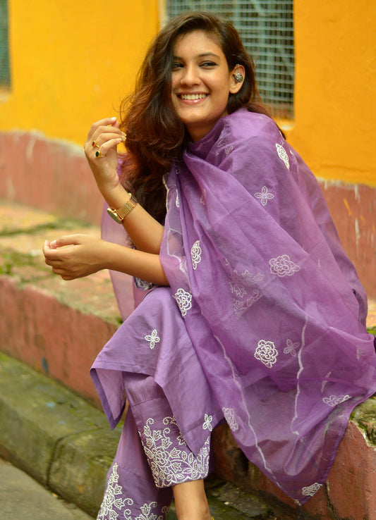 Zehra Women's Embroidered Silk Blend Calf Length Straight Kurta Trouser with Dupatta Set - FitVibe Fashion