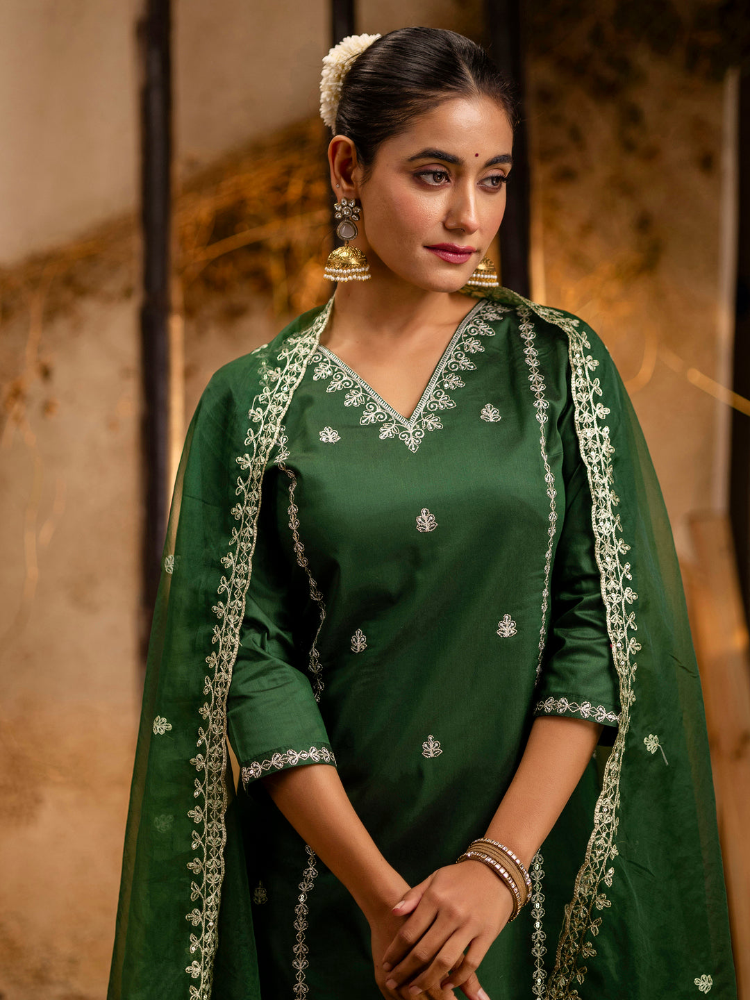 Women's Embroidered Silk Blend Calf Length Straight Kurta Trouser with Dupatta Set - FitVibe Fashion