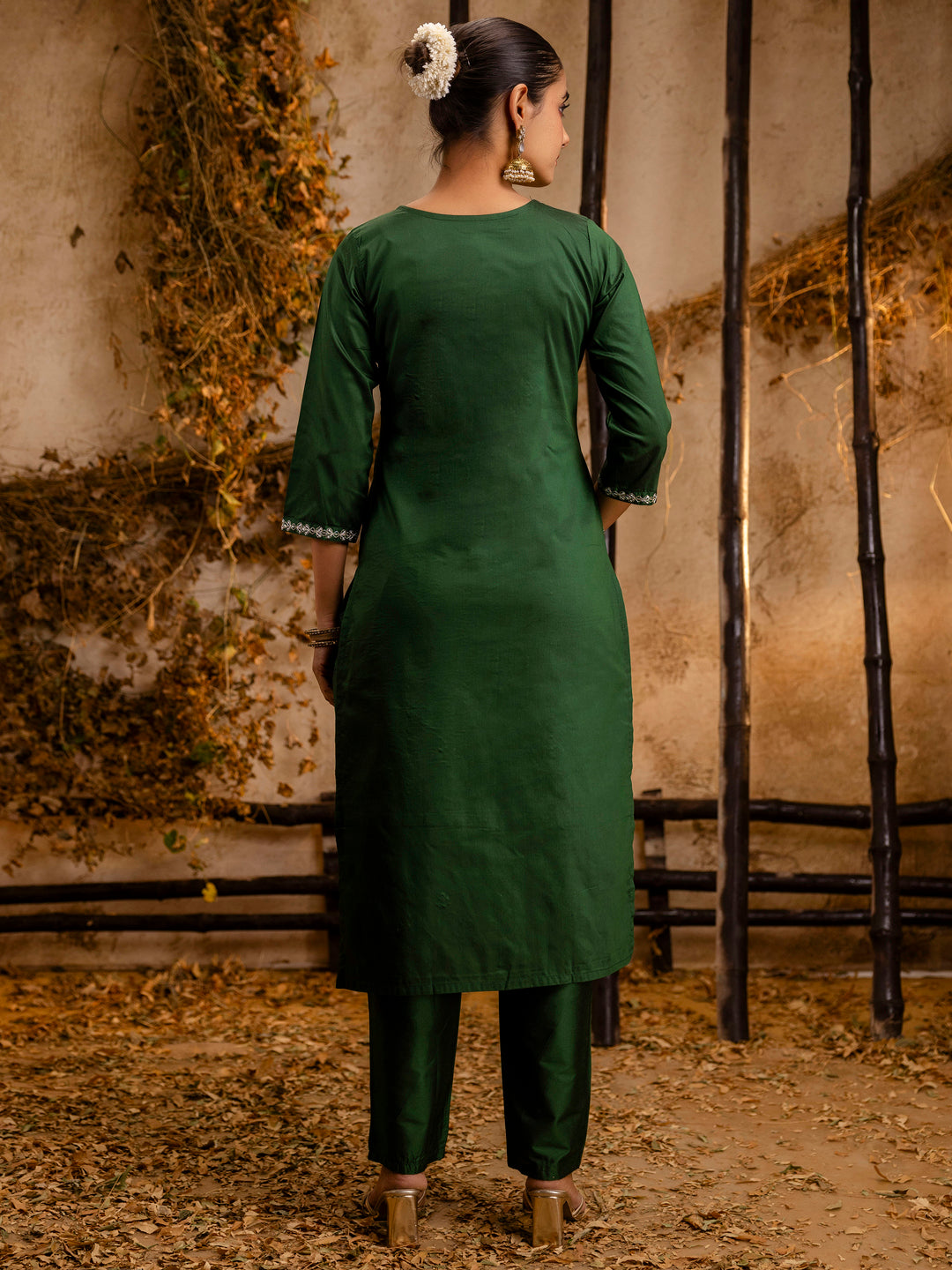 Women's Embroidered Silk Blend Calf Length Straight Kurta Trouser with Dupatta Set - FitVibe Fashion