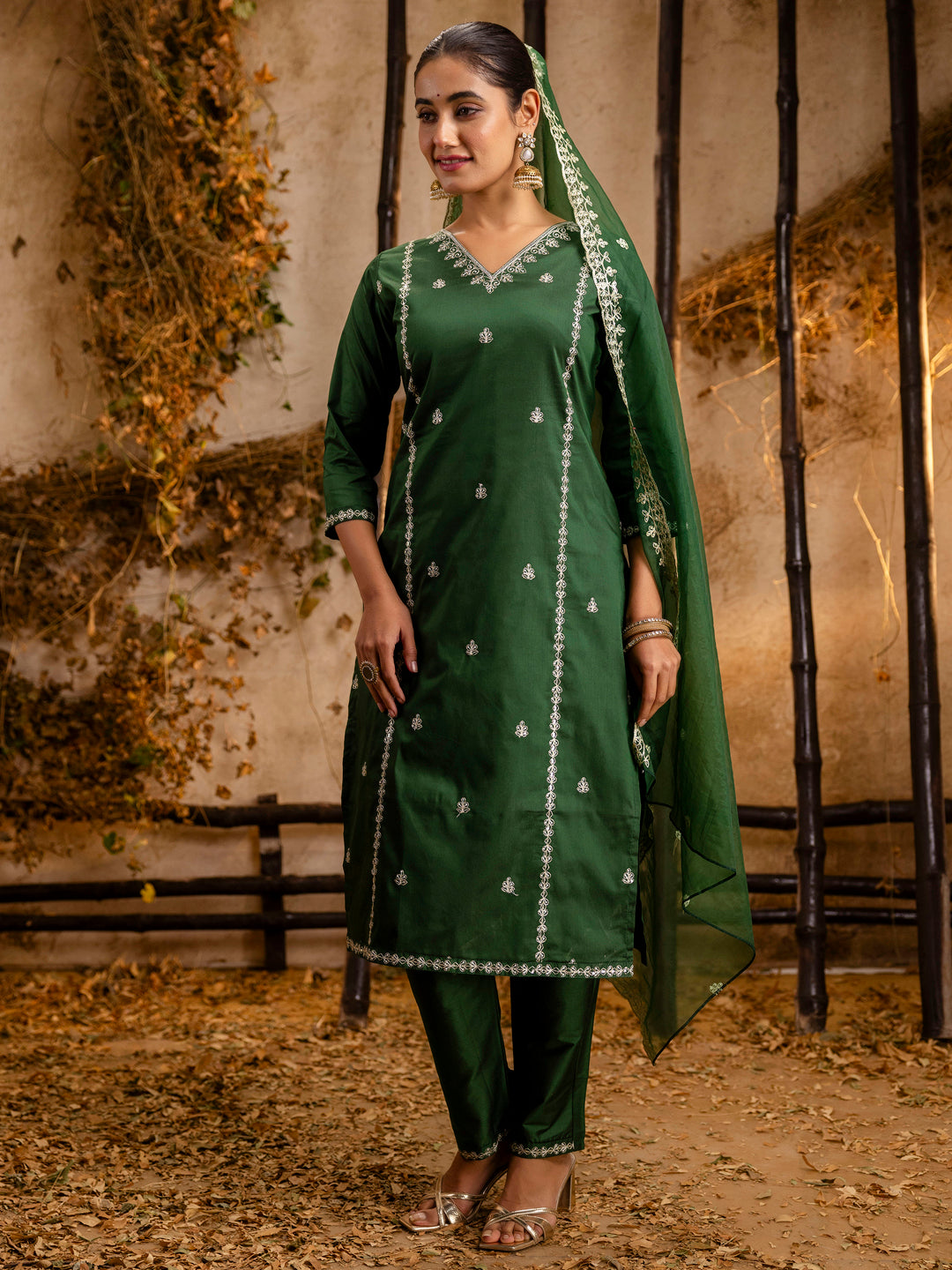 Women's Embroidered Silk Blend Calf Length Straight Kurta Trouser with Dupatta Set - FitVibe Fashion