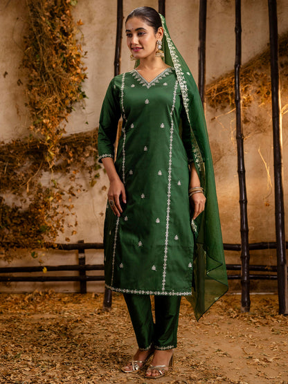 Women's Embroidered Silk Blend Calf Length Straight Kurta Trouser with Dupatta Set - FitVibe Fashion