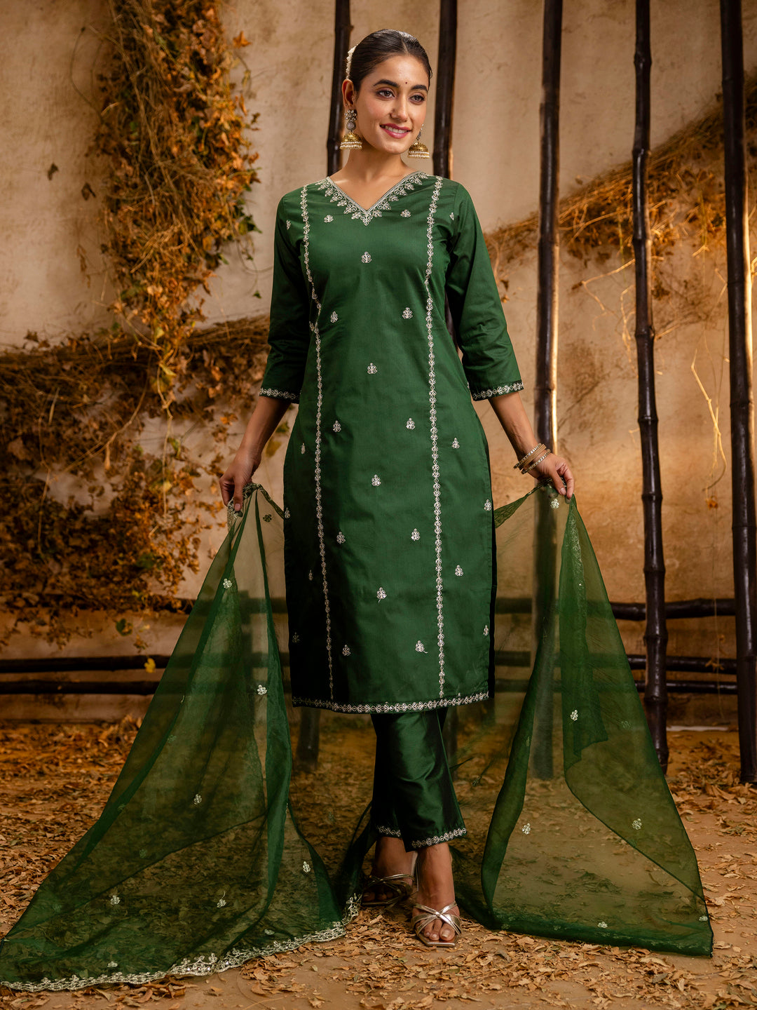 Women's Embroidered Silk Blend Calf Length Straight Kurta Trouser with Dupatta Set - FitVibe Fashion