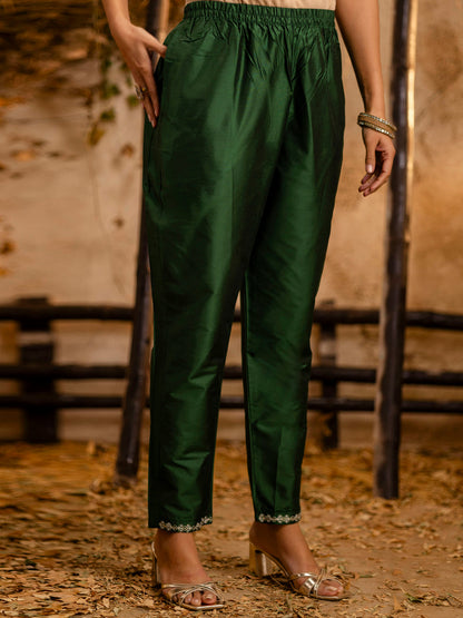 Women's Embroidered Silk Blend Calf Length Straight Kurta Trouser with Dupatta Set - FitVibe Fashion