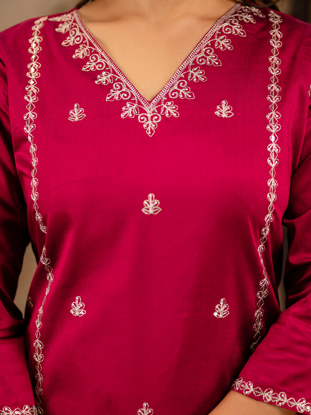 Women's Embroidered Silk Blend Calf Length Straight Kurta Trouser with Dupatta Set - FitVibe Fashion