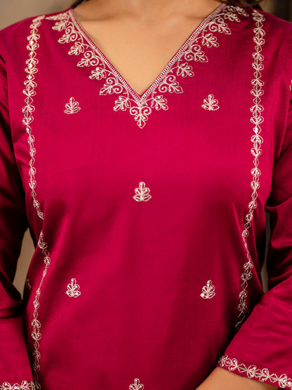 Women's Embroidered Silk Blend Calf Length Straight Kurta Trouser with Dupatta Set - FitVibe Fashion