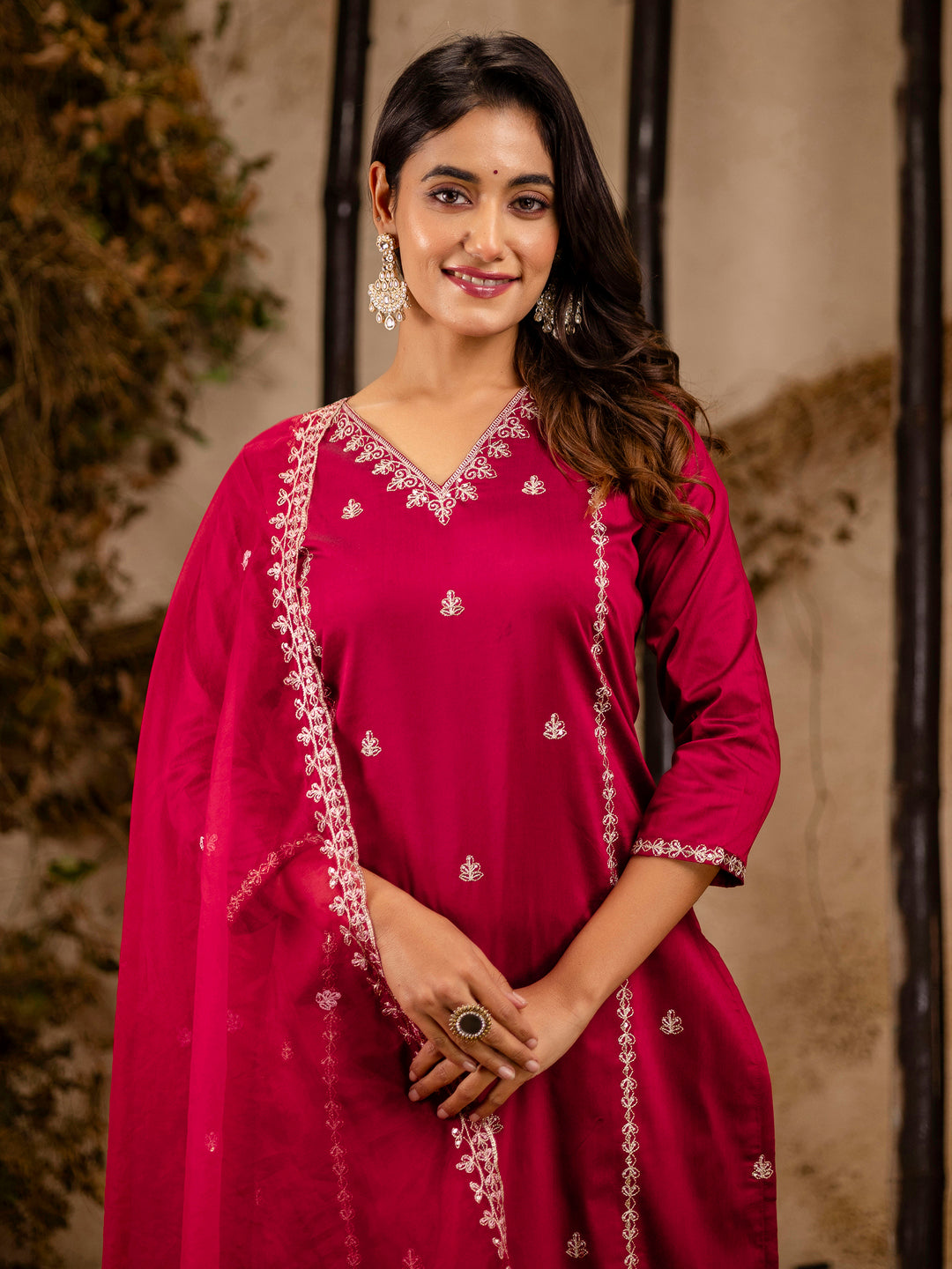 Women's Embroidered Silk Blend Calf Length Straight Kurta Trouser with Dupatta Set - FitVibe Fashion