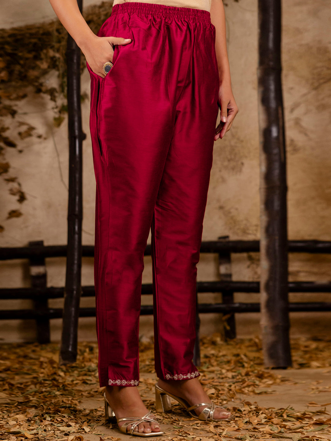 Women's Embroidered Silk Blend Calf Length Straight Kurta Trouser with Dupatta Set - FitVibe Fashion