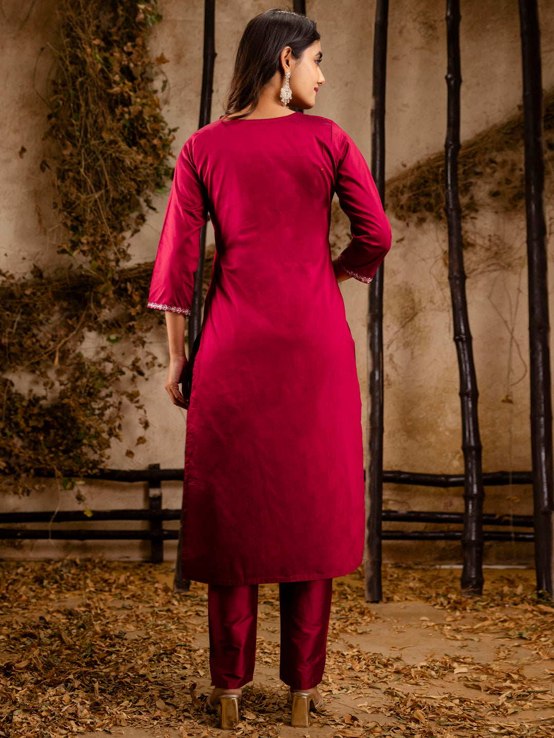 Women's Embroidered Silk Blend Calf Length Straight Kurta Trouser with Dupatta Set - FitVibe Fashion