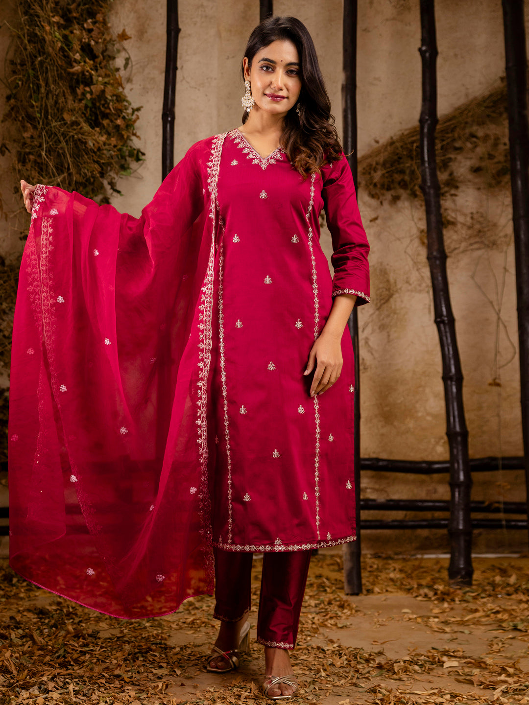 Women's Embroidered Silk Blend Calf Length Straight Kurta Trouser with Dupatta Set - FitVibe Fashion