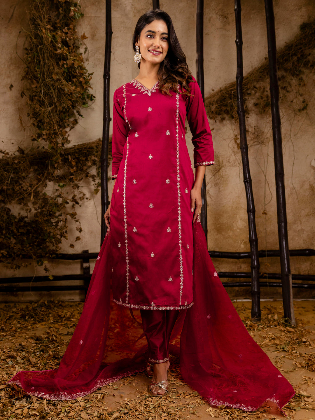 Women's Embroidered Silk Blend Calf Length Straight Kurta Trouser with Dupatta Set - FitVibe Fashion