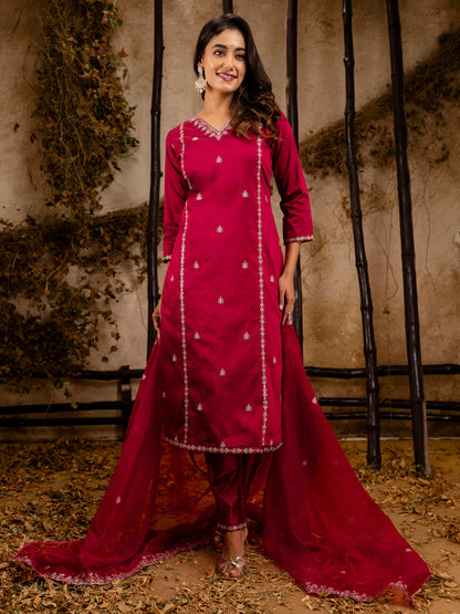 Women's Embroidered Silk Blend Calf Length Straight Kurta Trouser with Dupatta Set - FitVibe Fashion