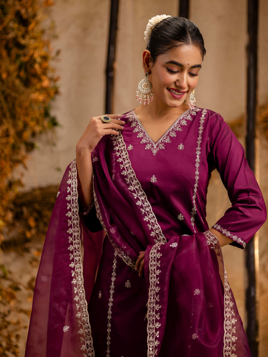 Women's Embroidered Silk Blend Calf Length Straight Kurta Trouser with Dupatta Set - FitVibe Fashion