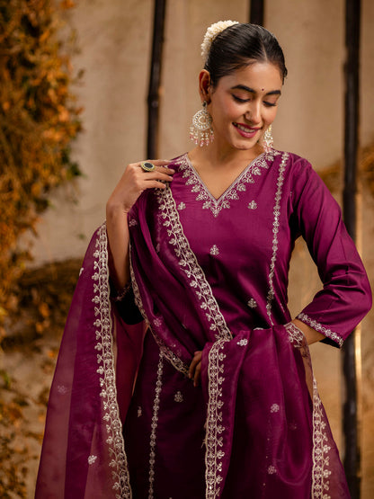 Women's Embroidered Silk Blend Calf Length Straight Kurta Trouser with Dupatta Set - FitVibe Fashion