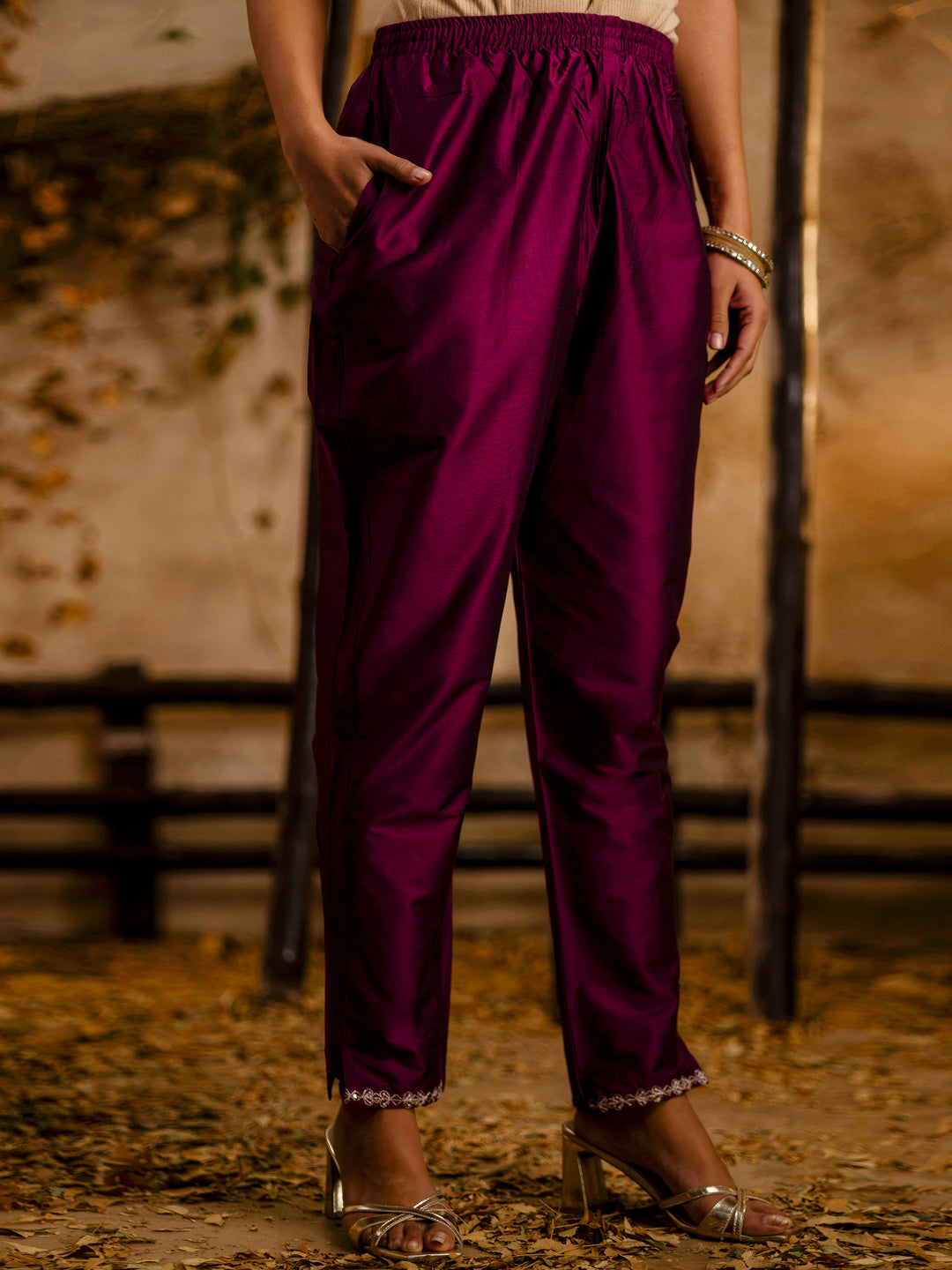 Women's Embroidered Silk Blend Calf Length Straight Kurta Trouser with Dupatta Set - FitVibe Fashion