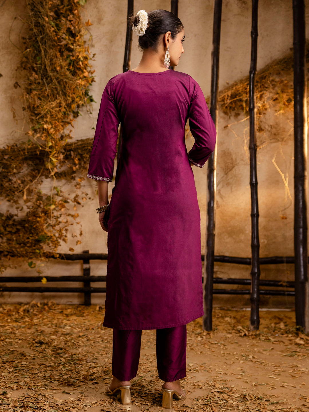 Women's Embroidered Silk Blend Calf Length Straight Kurta Trouser with Dupatta Set - FitVibe Fashion