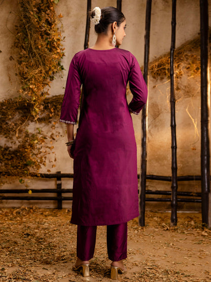 Women's Embroidered Silk Blend Calf Length Straight Kurta Trouser with Dupatta Set - FitVibe Fashion