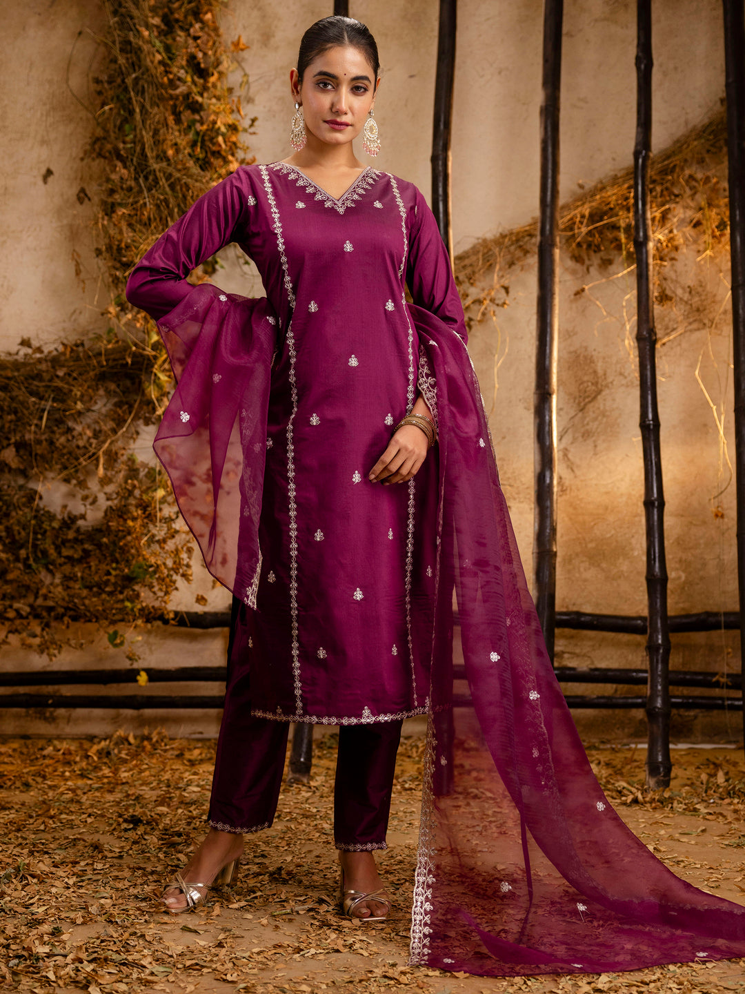 Women's Embroidered Silk Blend Calf Length Straight Kurta Trouser with Dupatta Set - FitVibe Fashion